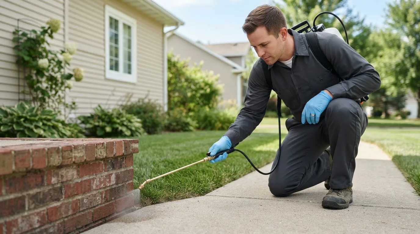 Pest control technician treating a home near Lewistown, OH