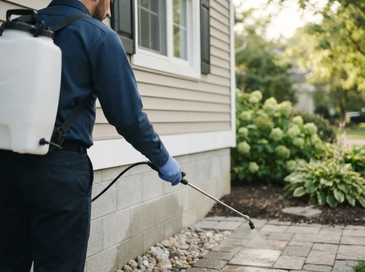 Pest control technician inspecting a home in Lewistown, OH